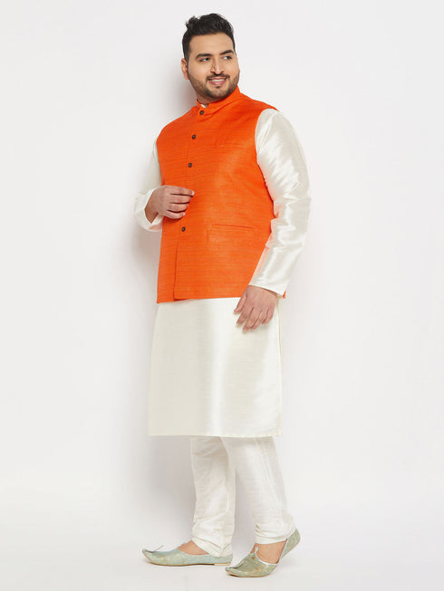 Vastramay Men's Plus Size Orange Matka Silk Nehru Jacket With Cream Silk Blend Kurta and Pant style Pyjama Set